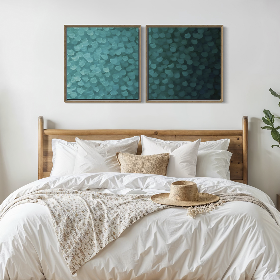 2255 - Dupla de Quadros Abstrato Toques de Turquesa