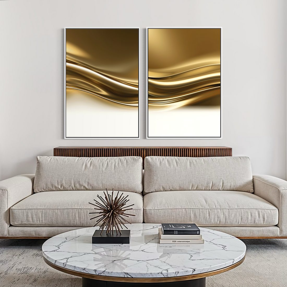 2289 - Dupla de Quadros Abstratos Ondas Douradas
